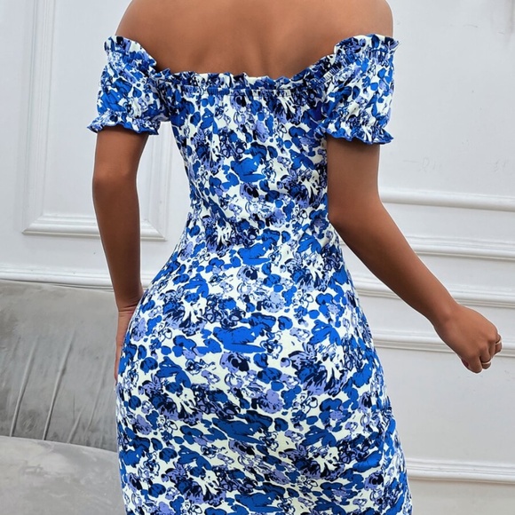 Boho Vibrant Blue Floral Print Off Shoulder Bodycon Dress - Picture 4 of 10